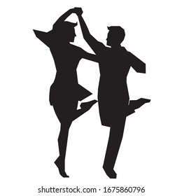 2 people engaged in Irish dancing. A black silhouette of a man and a woman on a white isolated background, who are having fun dancing a dynamic dance with jumps.