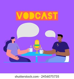 2 people filming a vodcast episode in a studio with mics; video podcast recording interview