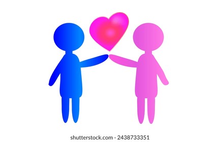 2 people hold pink love together, one with blue color and the other one with pink color, which means love each other and work together to overcome obstacles