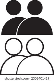 The 2 people icon on the left, solid and outline vector black illustration on a white background