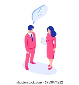 2 People In Office Clothes Discuss Money. Isometric People And Chat Box Icon With Dollar Sign. Flat Characters  Illustration. Isolated On White Background