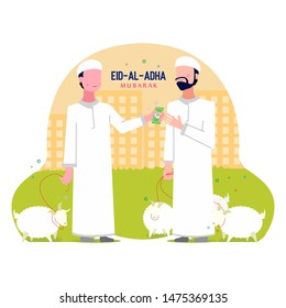 2 People sell and buy goat for celebrate Eid adha, Flat illustration, suitable for wallpaper, banner, book illustration, card and web landing page