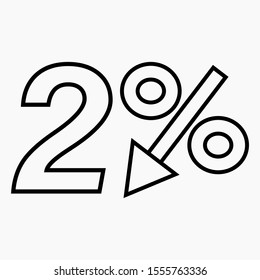2 percent drop dark icon on a white background.  Price drop. Interest rate reduction. Stock symbol. Discount. Markdown of goods. Bonus discount. Vector icon.