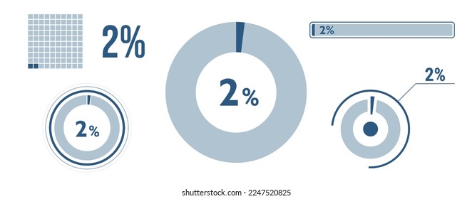 2 percent loading data icon set. Two circle diagram, pie donut chart, progress bar. 2% percentage infographic. Vector concept collection, blue color.