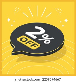 2 percent off. 3D floating balloon with promotion for sales on yellow background