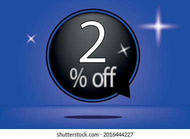 2 percent off black balloon and floating. with blue background, banner 2% off blue, shadow
