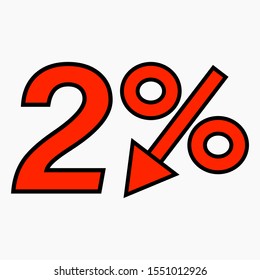 The 2  percent reduction icon is red.  Price drop. Interest rate reduction.  Stock symbol. Discount. Markdown of goods. Bonus discount. Vector icon.