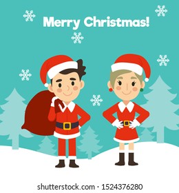 2 persons in Santa Claus and mrs claus costume cute cartoon character vector. Merry Christmas greeting card 