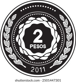 2 pesos coin vector design, Argentina currency handmade silhouette.	
