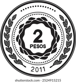 2 pesos coin vector design, Argentina currency handmade silhouette.