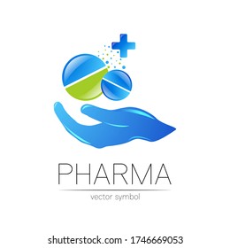 2 Pharmacy vector symbol with cross for pharmacist, pharma store, doctor and medicine. Modern design vector logo on white background. Pharmaceutical blue green icon logotype tablet pill with hand .