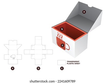 Caja de 2 piezas con plantilla de corte de la ventana de café y simulación 3D