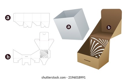 2 pieces flip box with stenciled line pattern die cut template and 3D mockup