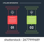 2 pillars infographic process diagram with big pillar without roof with dark background bright outline style 2 points vector