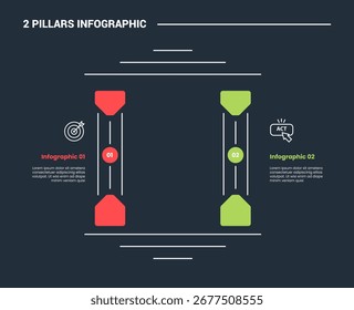 Diagrama de proceso de infografía de 2 pilares con forma de triángulo redondo con dirección opuesta con fondo oscuro Estilo de contorno brillante Vector de 2 puntos