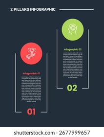 Diagrama de proceso de infografía de 2 pilares con contenedor arriba y abajo con insignia circular en la parte superior con fondo oscuro Estilo de contorno brillante Vector de 2 puntos