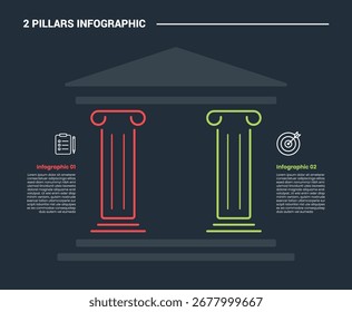 2 pilares infográfico processo diagrama com antigo edifício estilo pilar com fundo escuro brilhante contorno estilo 2 pontos vetor