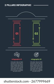 Diagrama de proceso de infografía de 2 pilares con pilar cortado en rodajas con conexión circular de puntos con fondo oscuro Estilo de contorno brillante Vector de 2 puntos
