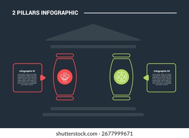 2 pillars infographic process diagram with pointy roof with bulge pillar with dark background bright outline style 2 points vector