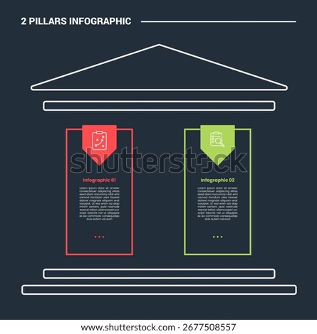 2 pillars infographic process diagram with simple rectangle pillar with triangle badge bookmark with dark background bright outline style 2 points vector