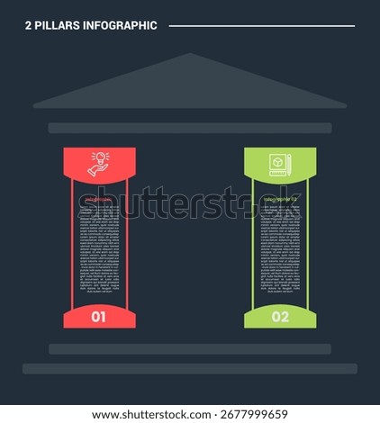 2 pillars infographic process diagram with round curve pillar and sharp roof with dark background bright outline style 2 points vector