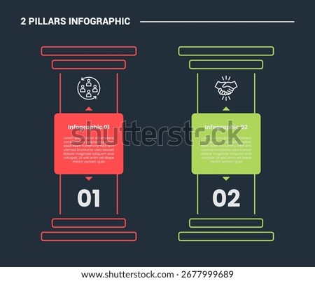2 pillars infographic process diagram with big pillar without roof with dark background bright outline style 2 points vector