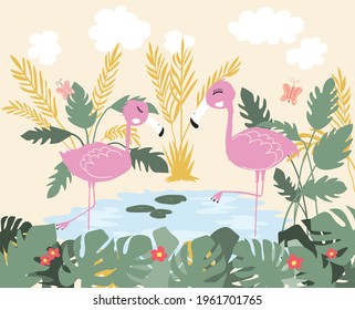 2 pink bird or pink flamingo in water pool with green leaf and beautiful environment. cartoon character on vector Illustrations image.