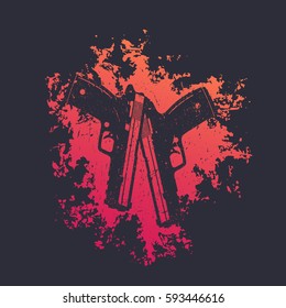 2 pistols on red splash, two crossed guns, t-shirt print with handguns, vector illustration