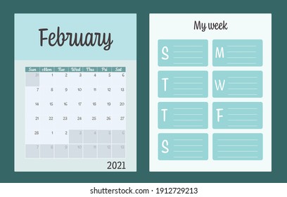 2 Planners Set - February Calendar and Weekly Planner. Vector Illustration - Green Color.