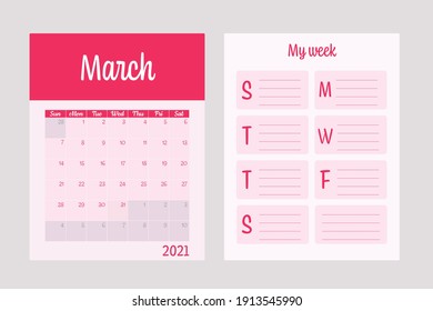 2 Planners Set - March 2021 Calendar and Weekly Planner. Vector Illustration - Pink Color.