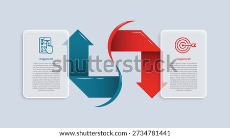 2 points comparison for infographic with glossy gradient style with vertical round box with arrow ribbon flipped shadow up and down with two point list information vector
