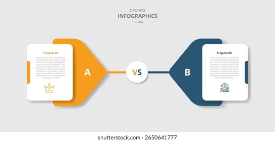 2 points comparison versus for infographic with arrow badge layer on behind stacked with drop shadow with two point list information vector