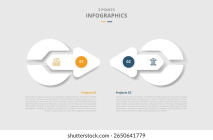 2 points comparison versus for infographic with creative circle and arrow shape combination with drop shadow with two point list information vector