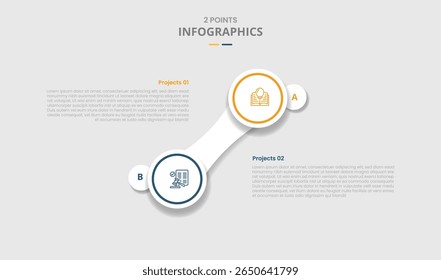 2 points comparison versus for infographic with big circle and rectangle block connection vertical standing with drop shadow with two point list information vector