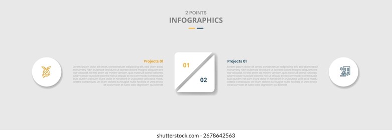 Comparación de 2 puntos frente a la infografía con cuadrado redondo con media rebanada en el centro con lista de dos puntos Información Vector