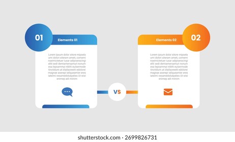 Comparación de 2 puntos frente a la infografía con estilo de gradiente con caja rectangular redonda con insignia circular en la cabecera con 2 etapas de Elementos Vector