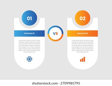 Comparação de 2 pontos versus infográfico com estilo de gradiente com retângulo arredondado vertical com emblema de círculo cortado na parte superior com 2 elementos stage vetor
