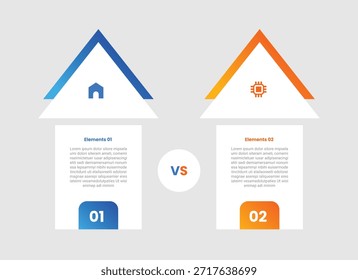 Comparación de 2 puntos frente a la infografía con estilo de gradiente con dirección superior de flecha con caja rectangular lado a lado con 2 etapas de Elementos Vector