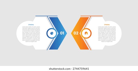 2 points comparison versus infographic with gradient style with creative box with arrow edge clash direction with 2 elements stages vector