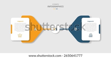 2 points comparison versus for infographic with arrow badge layer on behind stacked with drop shadow with two point list information vector