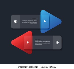Infografía de 2 puntos con estilo de morfismo de vidrio con flecha grande Lista apilada Vertical Comparación con 2 Elementos Vector