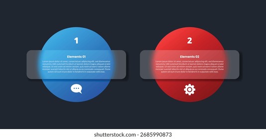 2 points infographic with glassmorphism style with big circle with round rectangle box comparison with 2 elements vector