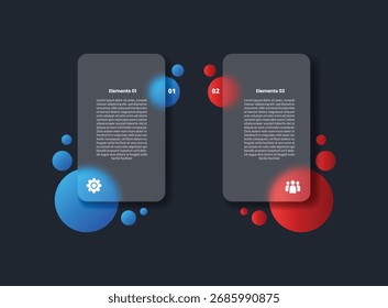 2 points infographic with glassmorphism style with vertical rectangle box with big and small fluid circle comparison with 2 elements vector