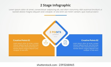 2-Punkte-Stufenvorlage für den Vergleich mit dem Infografik-Konzept für die Präsentation von Folien mit Diamantform-Zentrum mit Rechteckkasten-Boden mit flachem Stil