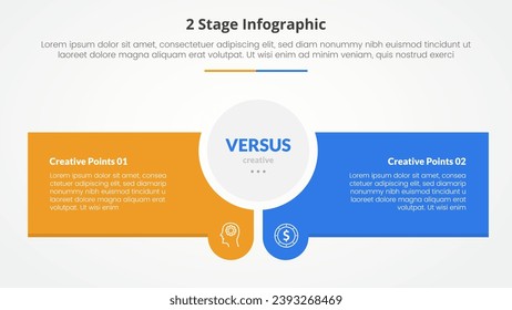 2-Punkte-Stufenvorlage für den Vergleich mit dem Infografik-Konzept für die Präsentation von Folien mit Kreiszentrum und kreativem Rechteck mit flachem Stil