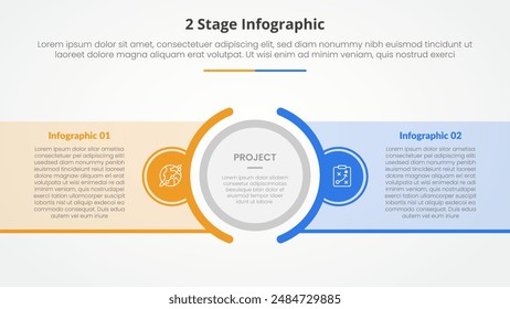 Plantilla de etapa de 2 puntos para comparar el concepto de infografía opuesto para la presentación de diapositivas con el centro del círculo del contorno grande y el contenedor de la caja transparente con el Vector del estilo plano