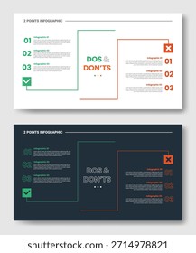 Comparación de pasos de 2 puntos con infografía opuesta con lista apilada Comparación con divisor de línea simple con versión oscura y clara con Vector plano de estilo de contorno