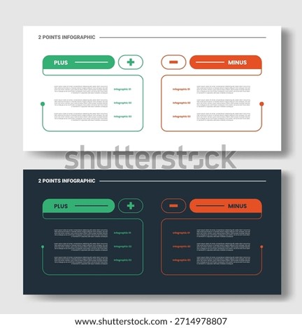 2 points step comparison opposite infographic with creative table box with open cut line with plus and minus sign with dark and light version set with outline style flat vector