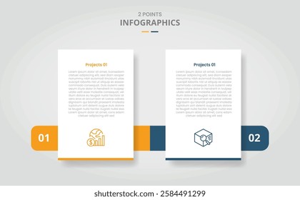 2 points template comparison concept for infographic with vertical standing box and horizontal box through and drop shadow style with two point list information vector