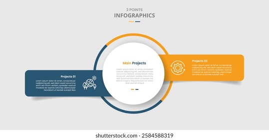 2 points template comparison concept for infographic with big circle center with unbalance box container side by side with drop shadow style with two point list information vector